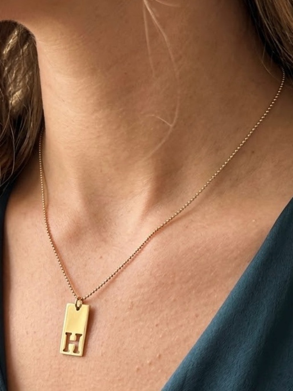 Gold Cutout Initial "H" Dog Tag Pendant Necklace